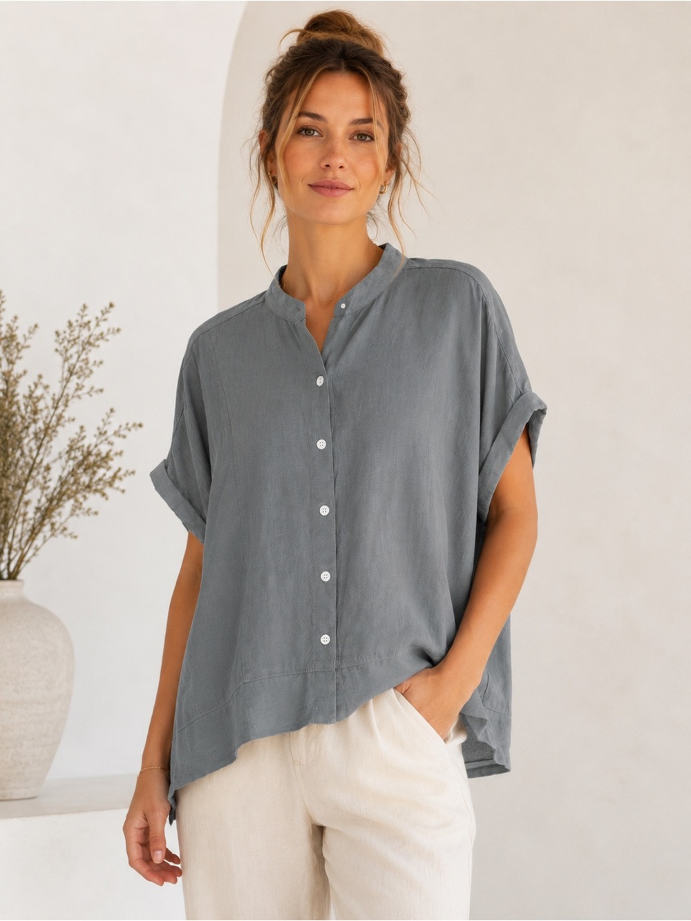 Lisa Bayne 100% Linen Boxy Button Up Top Medium Slate Gray Made USA Lagenlook